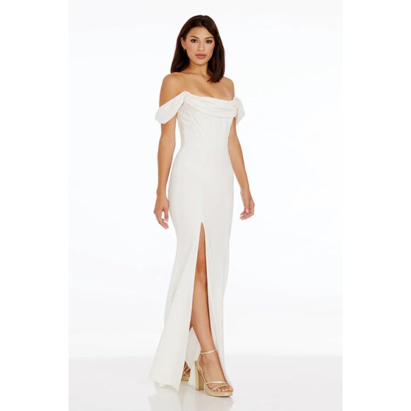 DRESS THE POPULATION Melania Off the Shoulder Gown in White Size Medium - Picture 9 of 10